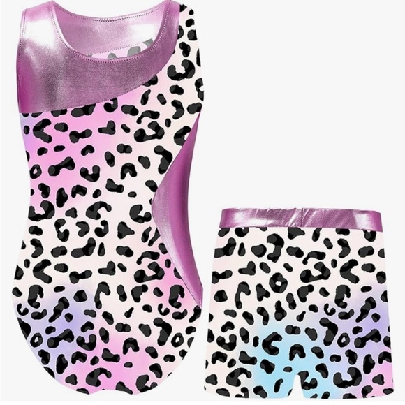 NWT- Girls 12 -2 piece leopard print swimsuit⭐️ bodysuit, or gymnastics🔥 leotard - Picture 2 of 11